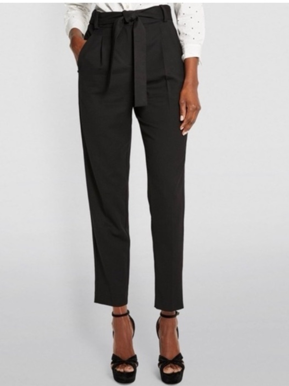 Maje Crepe Mid-Rise Belted Pleated Straight Trouser Ankle Pant Career Black 4